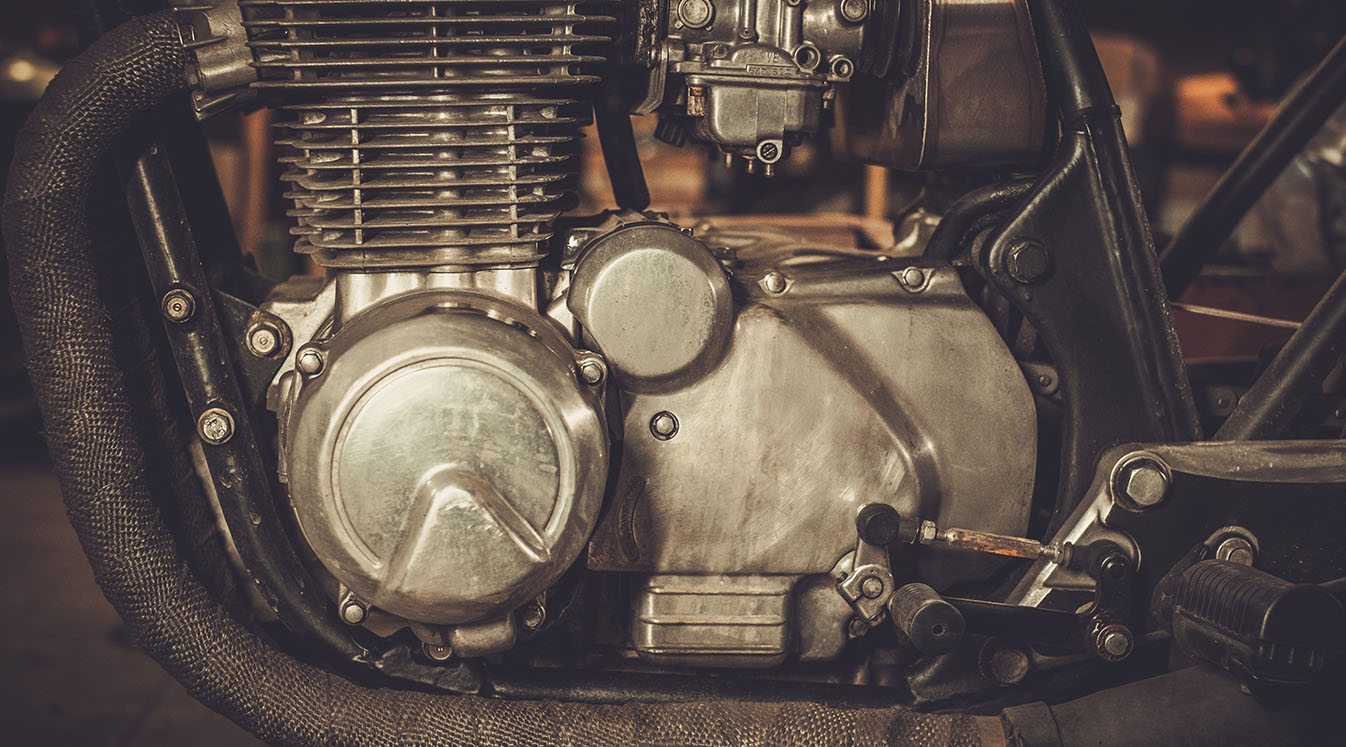 Close up of a cafe racer motorcycle engine